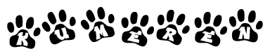 The image shows a series of animal paw prints arranged horizontally. Within each paw print, there's a letter; together they spell Kumeren