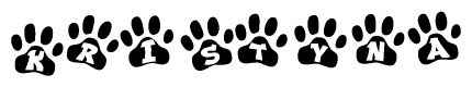 The image shows a series of animal paw prints arranged in a horizontal line. Each paw print contains a letter, and together they spell out the word Kristyna.
