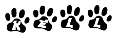 The image shows a series of animal paw prints arranged in a horizontal line. Each paw print contains a letter, and together they spell out the word Kell.