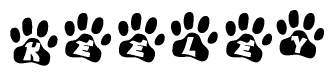 The image shows a row of animal paw prints, each containing a letter. The letters spell out the word Keeley within the paw prints.