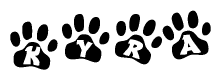 The image shows a series of animal paw prints arranged in a horizontal line. Each paw print contains a letter, and together they spell out the word Kyra.