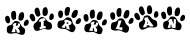 The image shows a row of animal paw prints, each containing a letter. The letters spell out the word Kirklan within the paw prints.
