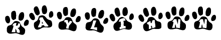 The image shows a series of animal paw prints arranged in a horizontal line. Each paw print contains a letter, and together they spell out the word Kaylihnn.
