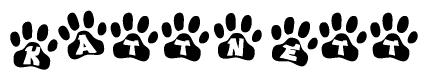 The image shows a series of animal paw prints arranged in a horizontal line. Each paw print contains a letter, and together they spell out the word Kattnett.