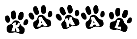 The image shows a series of animal paw prints arranged in a horizontal line. Each paw print contains a letter, and together they spell out the word Kamal.