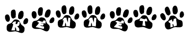 The image shows a series of animal paw prints arranged in a horizontal line. Each paw print contains a letter, and together they spell out the word Kenneth.