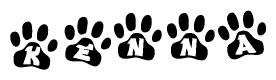 The image shows a series of animal paw prints arranged in a horizontal line. Each paw print contains a letter, and together they spell out the word Kenna.