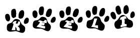 The image shows a series of animal paw prints arranged horizontally. Within each paw print, there's a letter; together they spell Keeli