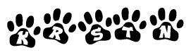 The image shows a series of animal paw prints arranged horizontally. Within each paw print, there's a letter; together they spell Krstn