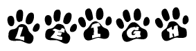 The image shows a row of animal paw prints, each containing a letter. The letters spell out the word Leigh within the paw prints.