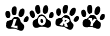 The image shows a row of animal paw prints, each containing a letter. The letters spell out the word Lory within the paw prints.