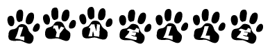 The image shows a series of animal paw prints arranged horizontally. Within each paw print, there's a letter; together they spell Lynelle