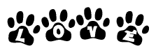 The image shows a row of animal paw prints, each containing a letter. The letters spell out the word Love within the paw prints.