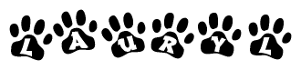 The image shows a series of animal paw prints arranged in a horizontal line. Each paw print contains a letter, and together they spell out the word Lauryl.