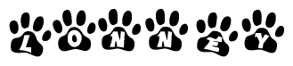The image shows a row of animal paw prints, each containing a letter. The letters spell out the word Lonney within the paw prints.