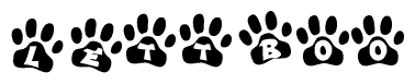 The image shows a series of animal paw prints arranged in a horizontal line. Each paw print contains a letter, and together they spell out the word Lettboo.