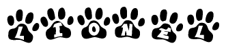 The image shows a series of animal paw prints arranged in a horizontal line. Each paw print contains a letter, and together they spell out the word Lionel.