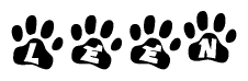 The image shows a row of animal paw prints, each containing a letter. The letters spell out the word Leen within the paw prints.