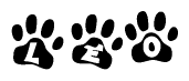 The image shows a series of animal paw prints arranged horizontally. Within each paw print, there's a letter; together they spell Leo