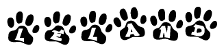 The image shows a series of animal paw prints arranged in a horizontal line. Each paw print contains a letter, and together they spell out the word Leland.