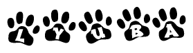The image shows a series of animal paw prints arranged horizontally. Within each paw print, there's a letter; together they spell Lyuba