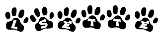 The image shows a row of animal paw prints, each containing a letter. The letters spell out the word Lsette within the paw prints.