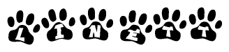 The image shows a row of animal paw prints, each containing a letter. The letters spell out the word Linett within the paw prints.