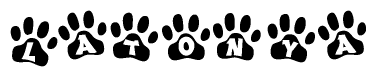 The image shows a series of animal paw prints arranged in a horizontal line. Each paw print contains a letter, and together they spell out the word Latonya.