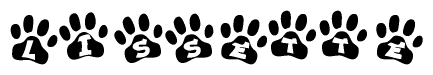 The image shows a series of animal paw prints arranged in a horizontal line. Each paw print contains a letter, and together they spell out the word Lissette.