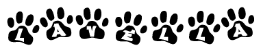 The image shows a series of animal paw prints arranged in a horizontal line. Each paw print contains a letter, and together they spell out the word Lavella.