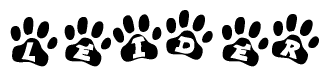 The image shows a series of animal paw prints arranged in a horizontal line. Each paw print contains a letter, and together they spell out the word Leider.