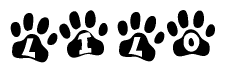   The image shows a row of animal paw prints, each containing a letter. The letters spell out the word Lilo within the paw prints. 