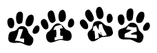 The image shows a row of animal paw prints, each containing a letter. The letters spell out the word Limz within the paw prints.