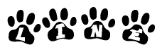 The image shows a row of animal paw prints, each containing a letter. The letters spell out the word Line within the paw prints.