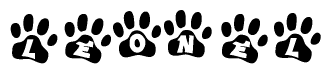 The image shows a row of animal paw prints, each containing a letter. The letters spell out the word Leonel within the paw prints.