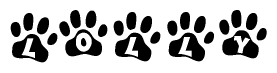 The image shows a row of animal paw prints, each containing a letter. The letters spell out the word Lolly within the paw prints.