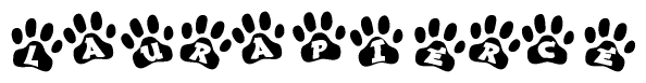 The image shows a series of animal paw prints arranged in a horizontal line. Each paw print contains a letter, and together they spell out the word Laurapierce.