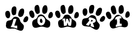 The image shows a series of animal paw prints arranged in a horizontal line. Each paw print contains a letter, and together they spell out the word Lowri.