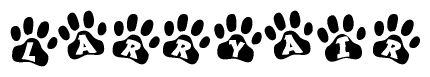 The image shows a row of animal paw prints, each containing a letter. The letters spell out the word Larryair within the paw prints.