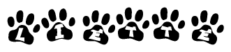 The image shows a row of animal paw prints, each containing a letter. The letters spell out the word Liette within the paw prints.