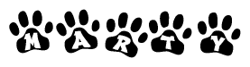 The image shows a series of animal paw prints arranged in a horizontal line. Each paw print contains a letter, and together they spell out the word Marty.