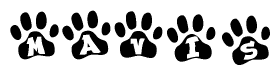 The image shows a series of animal paw prints arranged horizontally. Within each paw print, there's a letter; together they spell Mavis