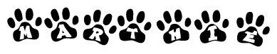 The image shows a series of animal paw prints arranged horizontally. Within each paw print, there's a letter; together they spell Marthie