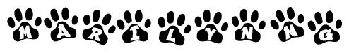 The image shows a series of animal paw prints arranged in a horizontal line. Each paw print contains a letter, and together they spell out the word Marilynmg.