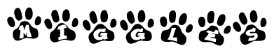 The image shows a series of animal paw prints arranged in a horizontal line. Each paw print contains a letter, and together they spell out the word Miggles.