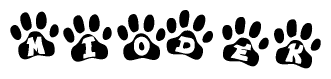 The image shows a series of animal paw prints arranged in a horizontal line. Each paw print contains a letter, and together they spell out the word Miodek.