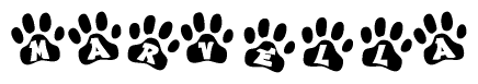 The image shows a row of animal paw prints, each containing a letter. The letters spell out the word Marvella within the paw prints.
