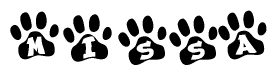 The image shows a series of animal paw prints arranged in a horizontal line. Each paw print contains a letter, and together they spell out the word Missa.