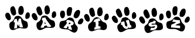 The image shows a row of animal paw prints, each containing a letter. The letters spell out the word Mariusz within the paw prints.