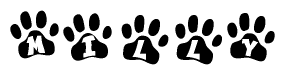 The image shows a row of animal paw prints, each containing a letter. The letters spell out the word Milly within the paw prints.